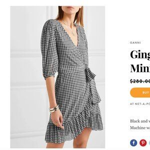 Ganni Black White Gingham Wrap Dress 36 V Neck Half Sleeve